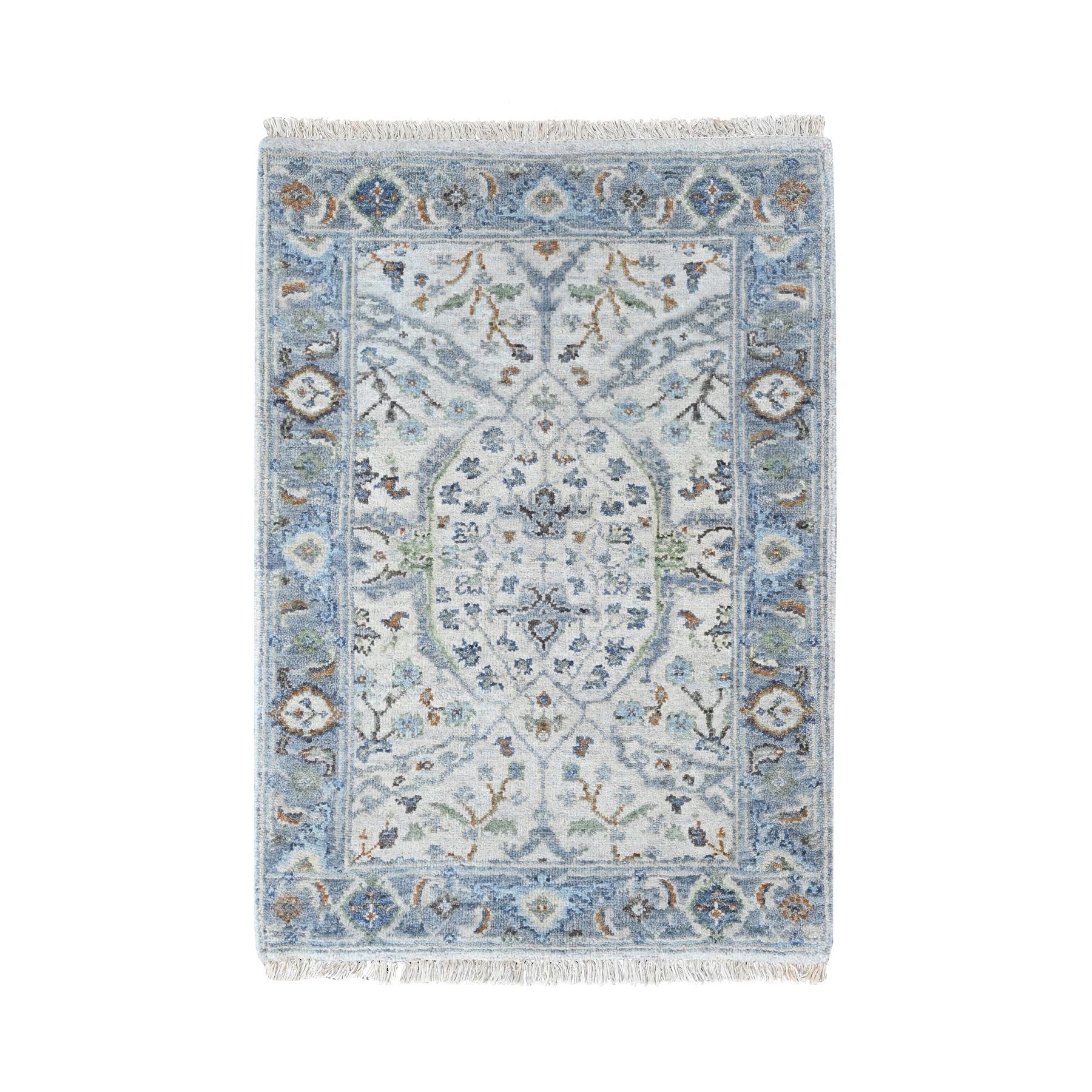 2'1"x3' Oyster Gray, Hand Knotted, Oushak with Floral Motifs, Pure Wool, Soft Pile, Denser Weave, Sample, Mat, Oriental Rug 